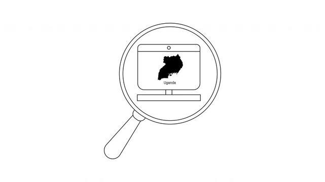 Uganda Map on Computer Screen Magnified by Magnifying Glass Outline Animation.