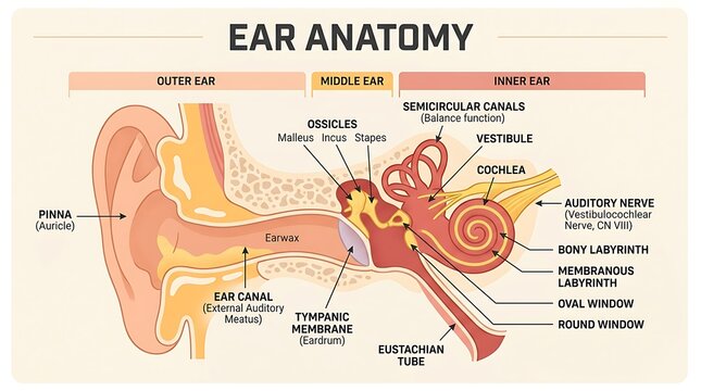 Simplified medical diagram of human ear anatomy showing outer, middle, and inner ear sections