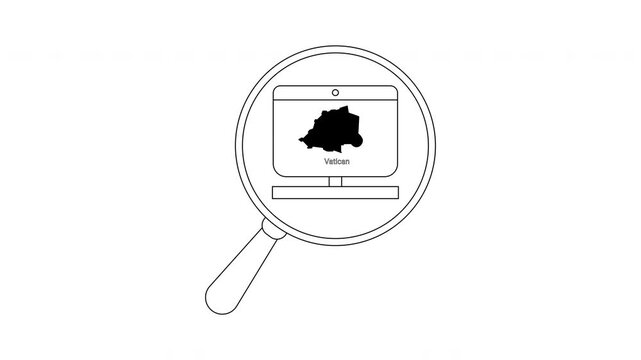Vatican City Map on Computer Screen Magnified by Magnifying Glass Outline Animation.