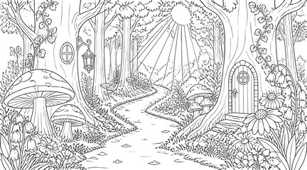 Fototapeta premium Enchanted Forest Path with Whimsical Trees and Mushrooms Kids Coloring Page