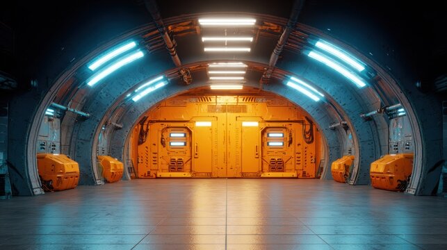 Futuristic metallic corridor with vibrant contrasting illumination terminates at a sealed bulkhead