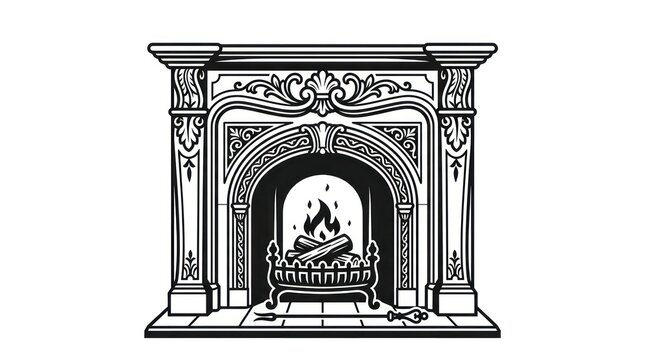Ornate fireplace with burning flames inside.
