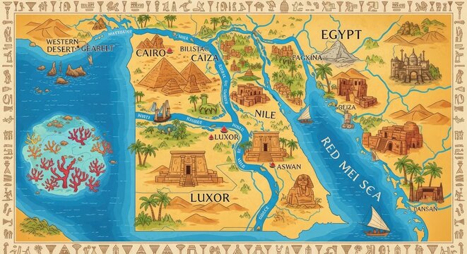 Illustrated ancient Egypt map with landmarks and Nile River.