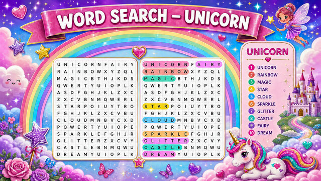 Brightly colored word search with unicorn theme. Rainbow curves beneath pink banner with whimsical text. Pastel clouds float beside magical castle and playful creature
