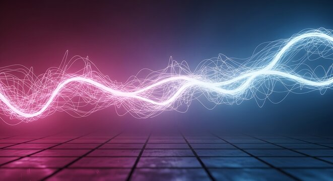 Glowing neon energy waves over a tiled floor. Futuristic technology and digital data transfer concept. Abstract light streaks illuminating a dark room with bright pink and blue.