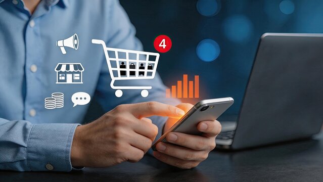 E-commerce and online shopping concept with man using smartphone to buy products, analyzing sales statistics and marketing trends, representing digital retail business growth and