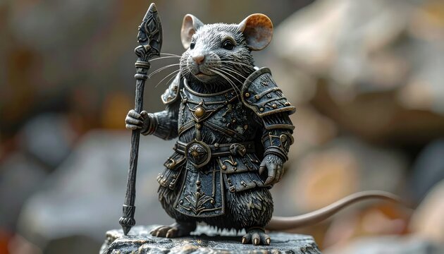 A small, armored mouse warrior stands holding a spear, ready for battle