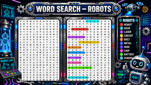 Vibrant word search puzzle themed around robotics. Neon edges glow against a dark, futuristic backdrop. Words like "ROBOT," "LASER," and "GIGA" hidden among letters