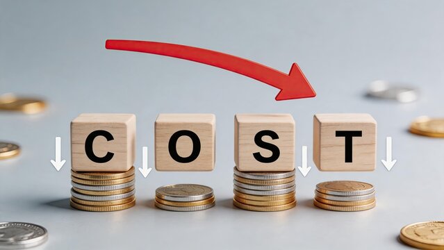 Wooden blocks spelling word cost arranged on stacks of coins with red downward arrow indicating reduction, symbolizing expense decrease and financial savings for business economy