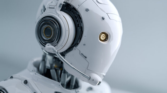 Closeup of a futuristic white robot head with metallic details