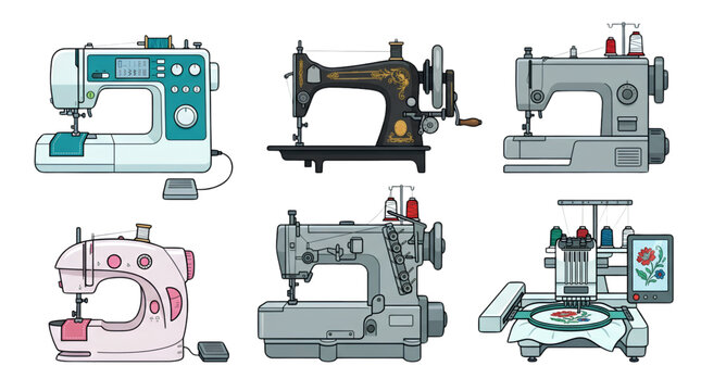 Sewing machine vector collection with modern vintage and industrial tailoring equipment illustration isolated on white background
