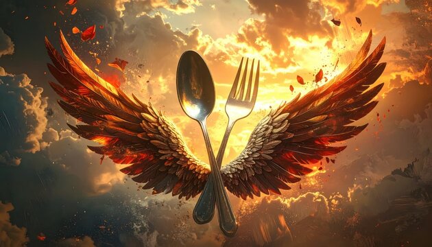 Culinary tools with feathered wings against a dramatic sunset and fiery sky