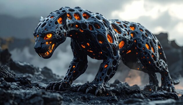 A glowing, textured feline, crafted from dark stone, roams a desolate, fiery landscape