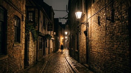 Obraz premium Street Alley in an Old City at Night, Wet Cobblestones Reflecting Warm Streetlights and Creating a Dramatic Atmosphere for Travel and Urban