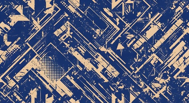 Abstract geometric distressed background pattern. Industrial technological concept. Blue and beige textured surface displaying overlapping technological shapes.
