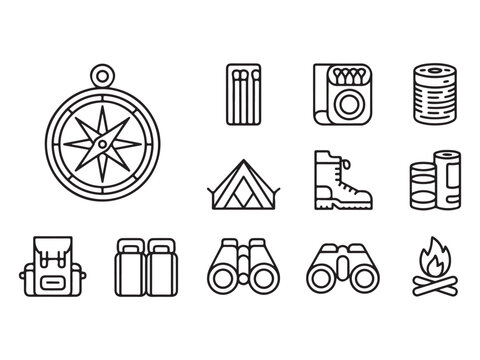 Collection of outdoor adventure icons including compass camping gear hiking equipment and navigation tools for travel and exploration purposes