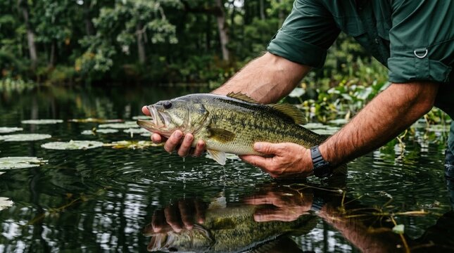Fisherman Releasing a Large Bass Back Into a Calm Forest Pond