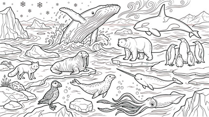 Arctic animals coloring page vector, polar wildlife landscape with whale and penguin, black and white line art of northern sea creatures © chouadhrynuman