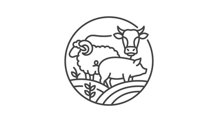 Fototapeta premium Line art illustration of a cow sheep and pig.