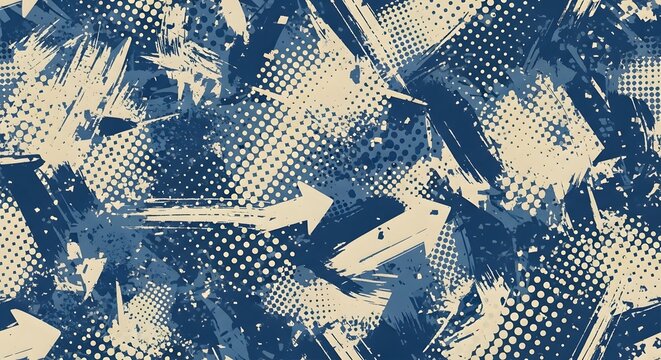 Abstract grunge background with arrows and halftone dots. Urban street art design concept. Messy blue and beige paint strokes moving in directional patterns.