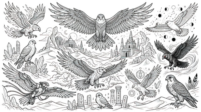Mystical eagle vector collection, celestial hawk line art set, majestic birds of prey in desert landscape, spiritual falcon coloring page
