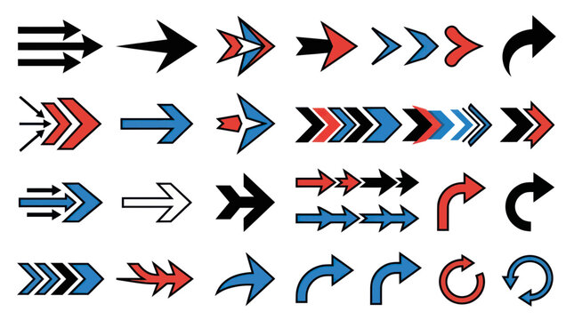 Modern arrow icon set in red blue and black styles