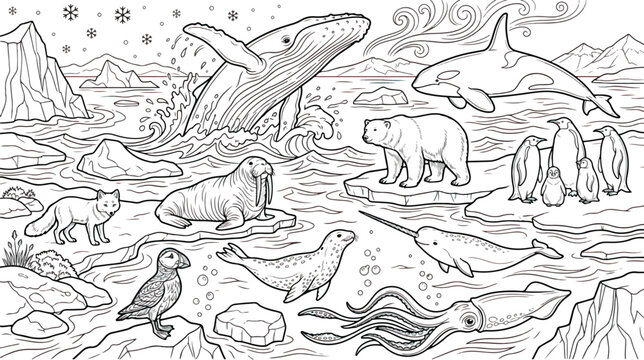 Arctic animals coloring page vector, polar wildlife landscape with whale and penguin, black and white line art of northern sea creatures