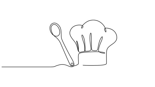 a chef's hat, a wooden spoon, and a spatula animation continuous one line drawing, Video. Ladle, cooking spatula and chef's cap in one solid line. Single line editable cutlery template for business on