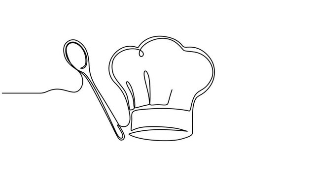 a chef's hat, a wooden spoon, and a spatula animation continuous one line drawing, Video. Ladle, cooking spatula and chef's cap in one solid line. Single line editable cutlery template for business on