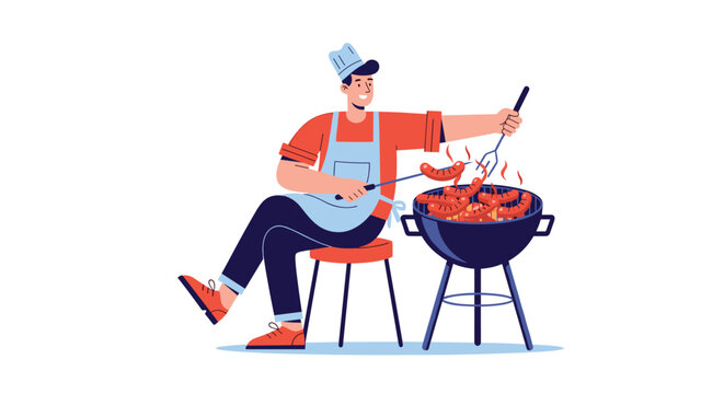 Professional chef in a white hat and blue apron sits on a stool while grilling many delicious sausages over a hot charcoal barbecue grill.