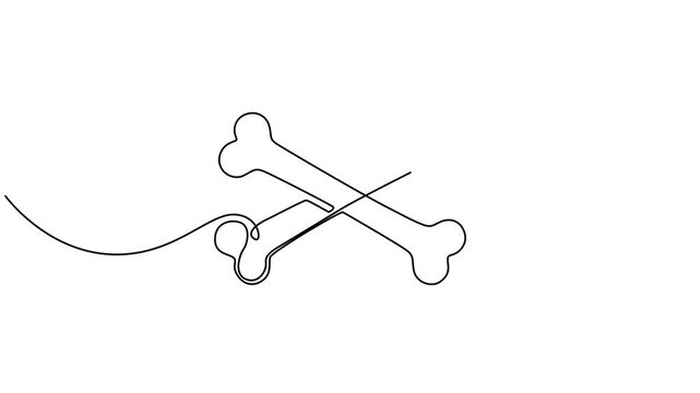 two crossed bones animation continuous one line drawing, Self drawing line animation Dog Bone continuous one single line drawing. Full length animation, Video. Continuous single line outline of dog,