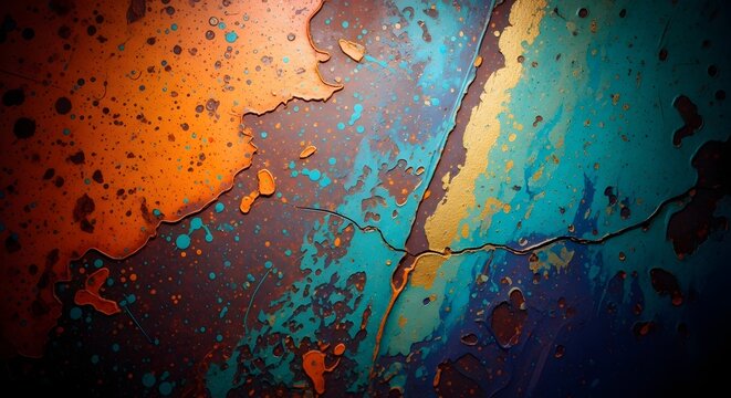 Vibrant cracked abstract painted surface. Luxury artistic design concept. Golden and teal colors bleeding and splashing over a textured dark background.