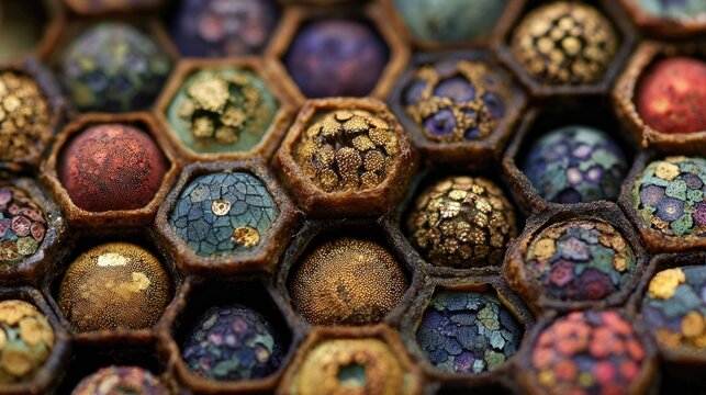 Close-up of hexagonal wax cells filled with multi-colored pollen (bee bread), intricate natural patterns, earthy tones, high contrast