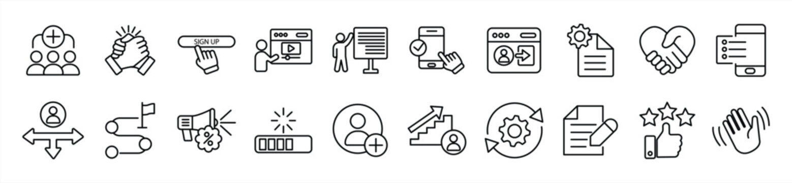 A collection of solid icons for user orientation, welcome, registration, user guide, tutorial, UX, login, and more. Vector illustration.