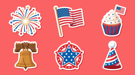 Vibrant independence day sticker set featuring american flags fireworks a liberty bell cupcake and patriotic party gear vector graphic design © Ibnu Gazali