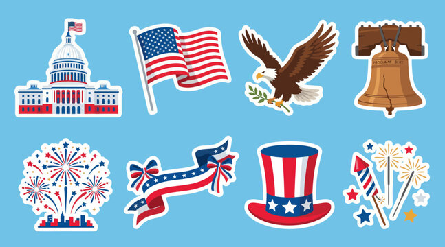Set of patriotic American themed vector graphic stickers featuring national symbols like the capitol building eagle flag and fireworks display