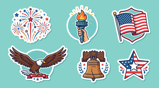 Collection of colorful patriotic vector sticker designs featuring iconic American symbols like the eagle liberty bell and national flag elements