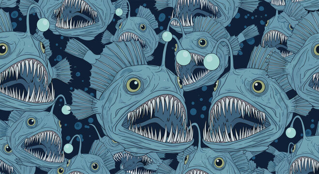 Menacing deep-sea anglerfish with sharp teeth and glowing lures create a dense and eerie seamless pattern for dark themed underwater designs.