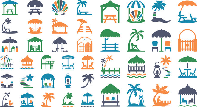 Collection of colorful beach icons and symbols for summer vacation and travel concepts