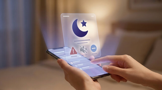 Person using a smartphone at night in a cozy bedroom with a glowing holographic sleep mode interface and do not disturb settings for digital wellness.