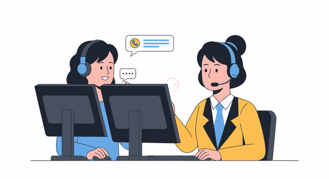 Customer service agents communicating, chat and support illustration