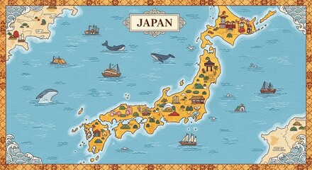 Obraz premium Vintage style illustrated map of Japan with cultural icons.