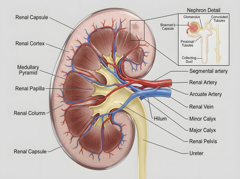 Human kidney cross section diagram showing internal renal anatomy and nephron function