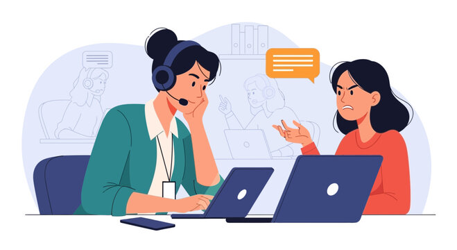 Frustrated customer service agent dealing with angry client, online support concept