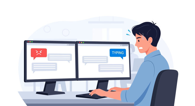 Stressed businessman reacting to angry online message on dual monitors
