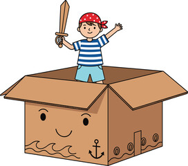 Cute Little Pirate Boy Standing in Cardboard Ship Box with Toy Sword Imagination Adventure Concept for Children and Creative Play