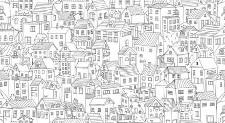 Fototapeta premium Dense and intricate black and white pattern is composed of many hand-drawn houses of various shapes and sizes in a city.