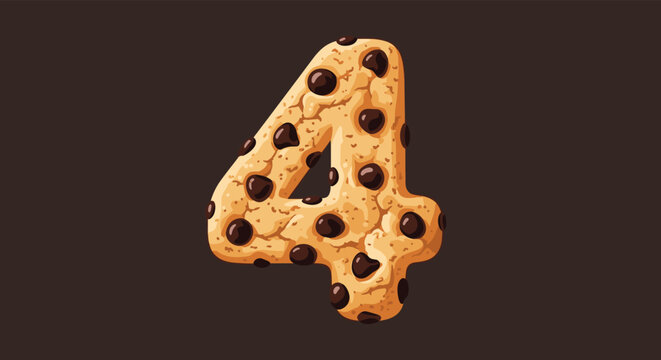 Number four is creatively shaped out of delicious-looking chocolate chip cookie dough against a dark brown background.