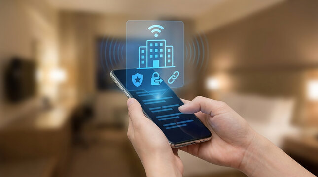 Hands holding a smartphone showing a smart hotel management interface with building hologram icons for security and Wi-Fi in a blurred interior room.