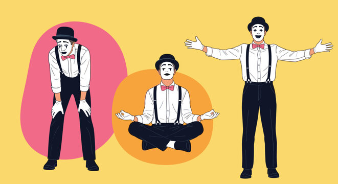 Three different poses of a mime character are displayed including a tired pose, a meditative pose, and an inviting welcoming pose.